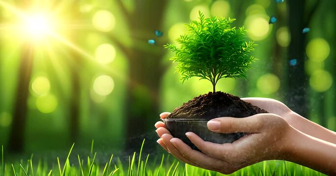 Hands gently holding a small plant with soil, set against a blurred green forest background with sunlight filtering through.