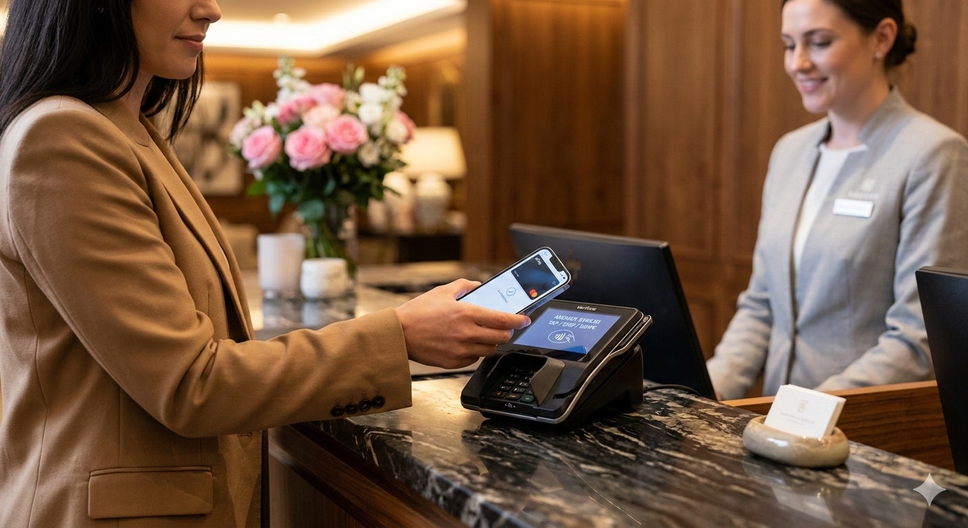 A close-up shot of a modern POS payment terminal on a dark marble hotel reception counter. A female guest in a tan blazer tapping her smartphone on the payment terminal to make a contactless payment. A hotel receptionist in a light grey suit partially visible in the background. Warm ambient lighting, bokeh background with hints of pink flowers and wooden panels. Photorealistic, sharp focus on the POS device.