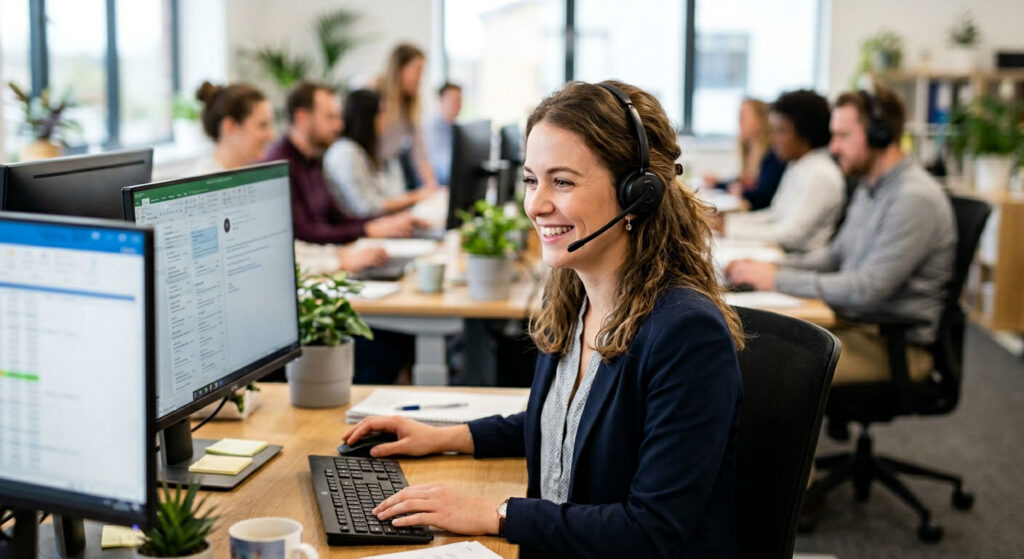 Customer service team in a modern office, with a smiling woman wearing a headset working at a computer in the foreground and several colleagues focused on their screens in the background.