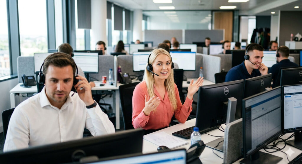 Call center employees wearing headsets working at their desks in a modern office space with multiple computer monitors.